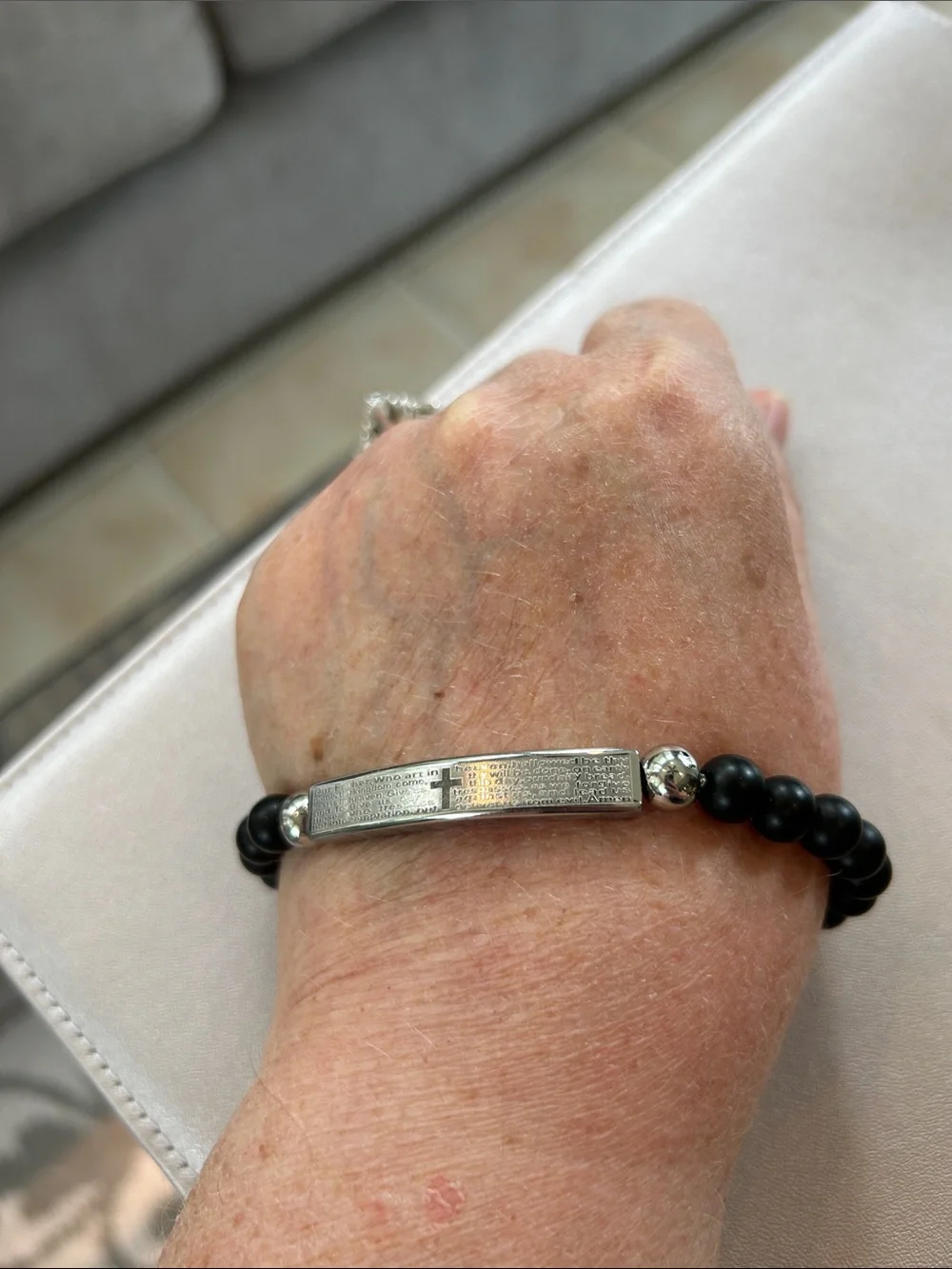 Mens Bracelet w Stainless ID Plate With Engraved “Our Father” Prayer And Cross
